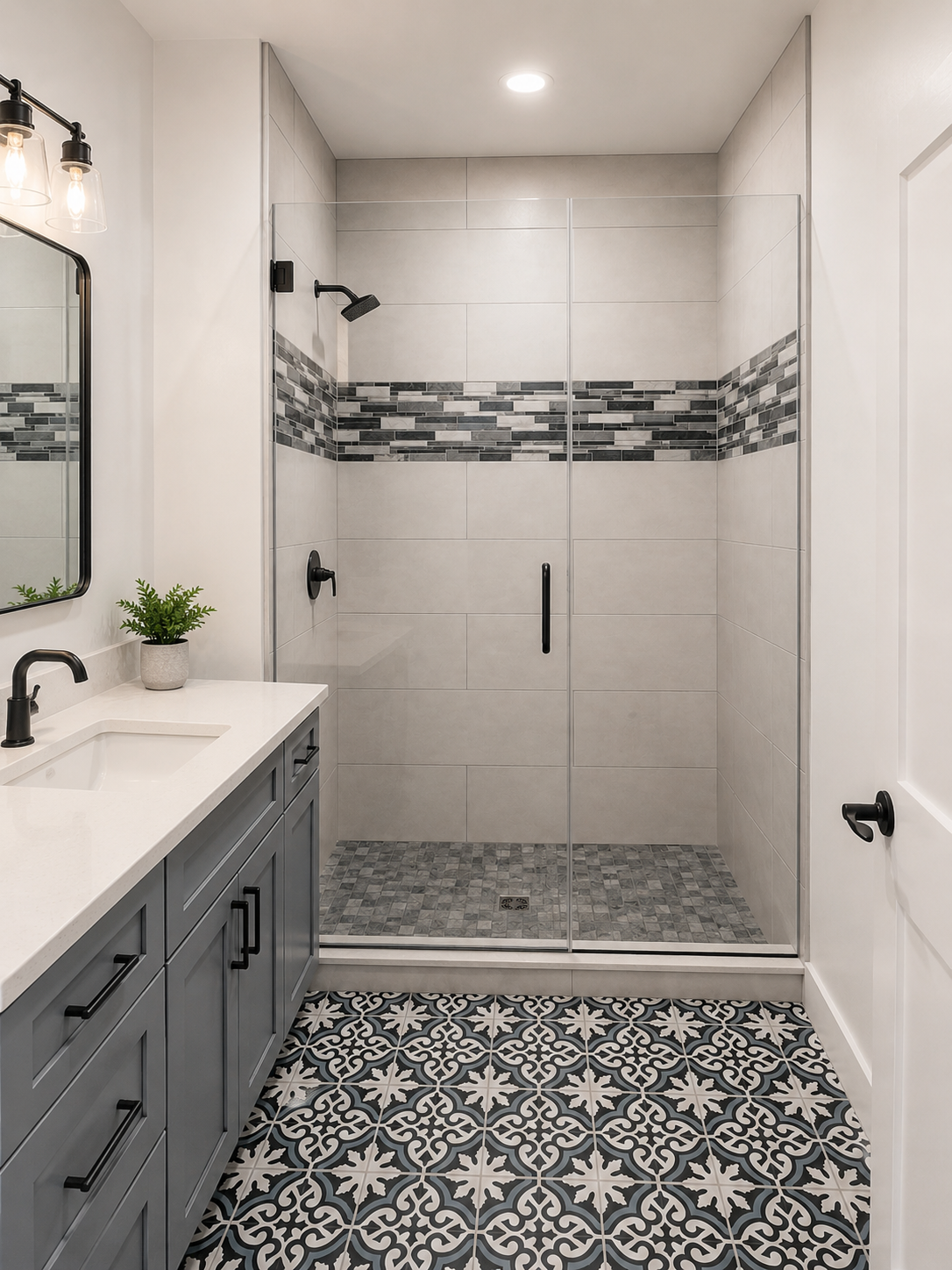 Patterned tile bath with walk-in shower