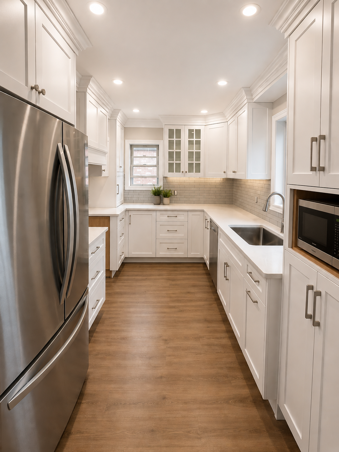 Bright white galley kitchen