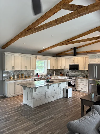 Open kitchen with timber beam ceiling