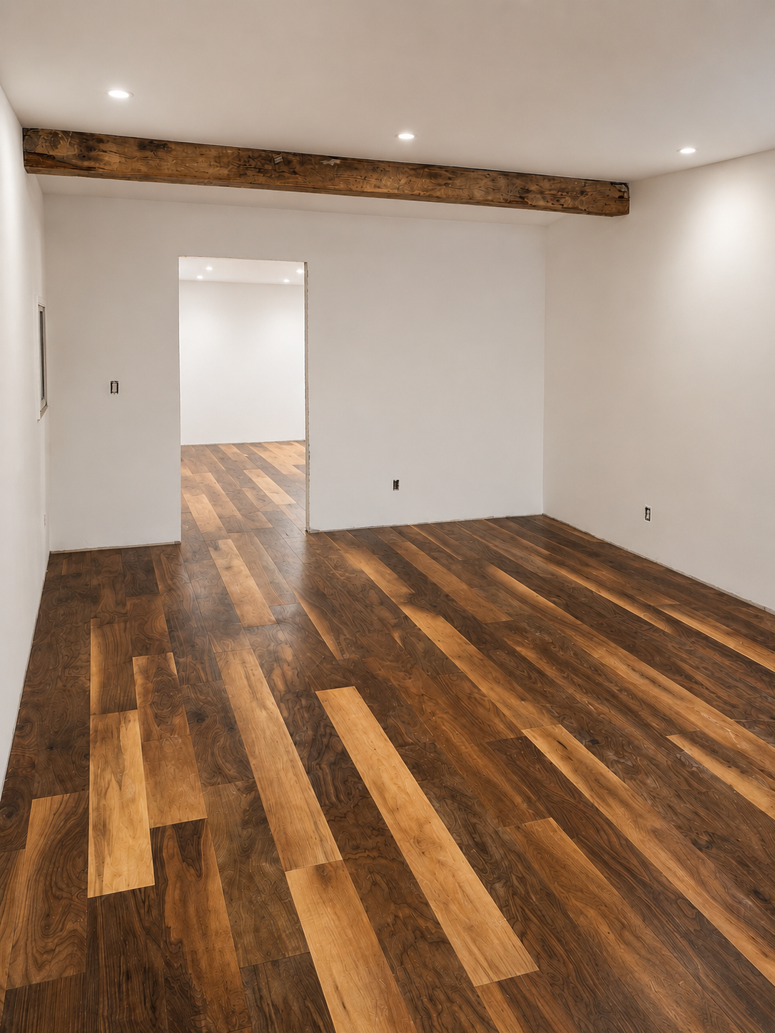 Mixed-tone hardwood floor with reclaimed beam