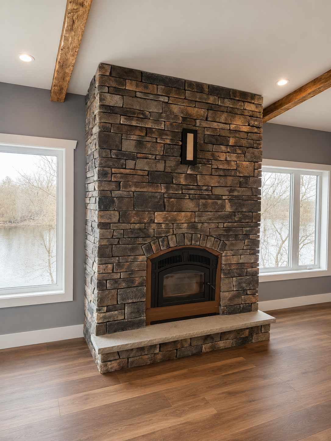 Stone fireplace with timber beams