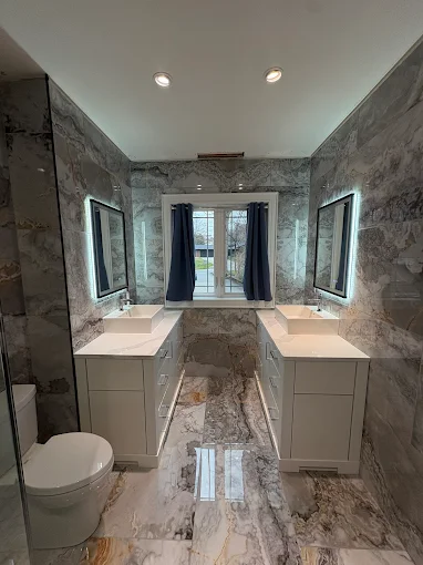 Marble double-vanity bathroom