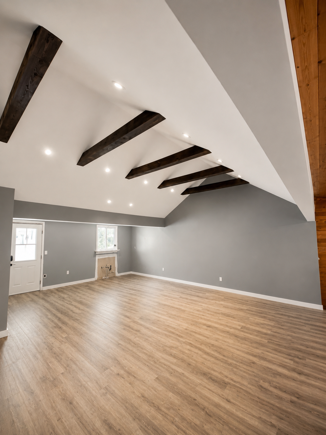 Vaulted ceiling with exposed beams