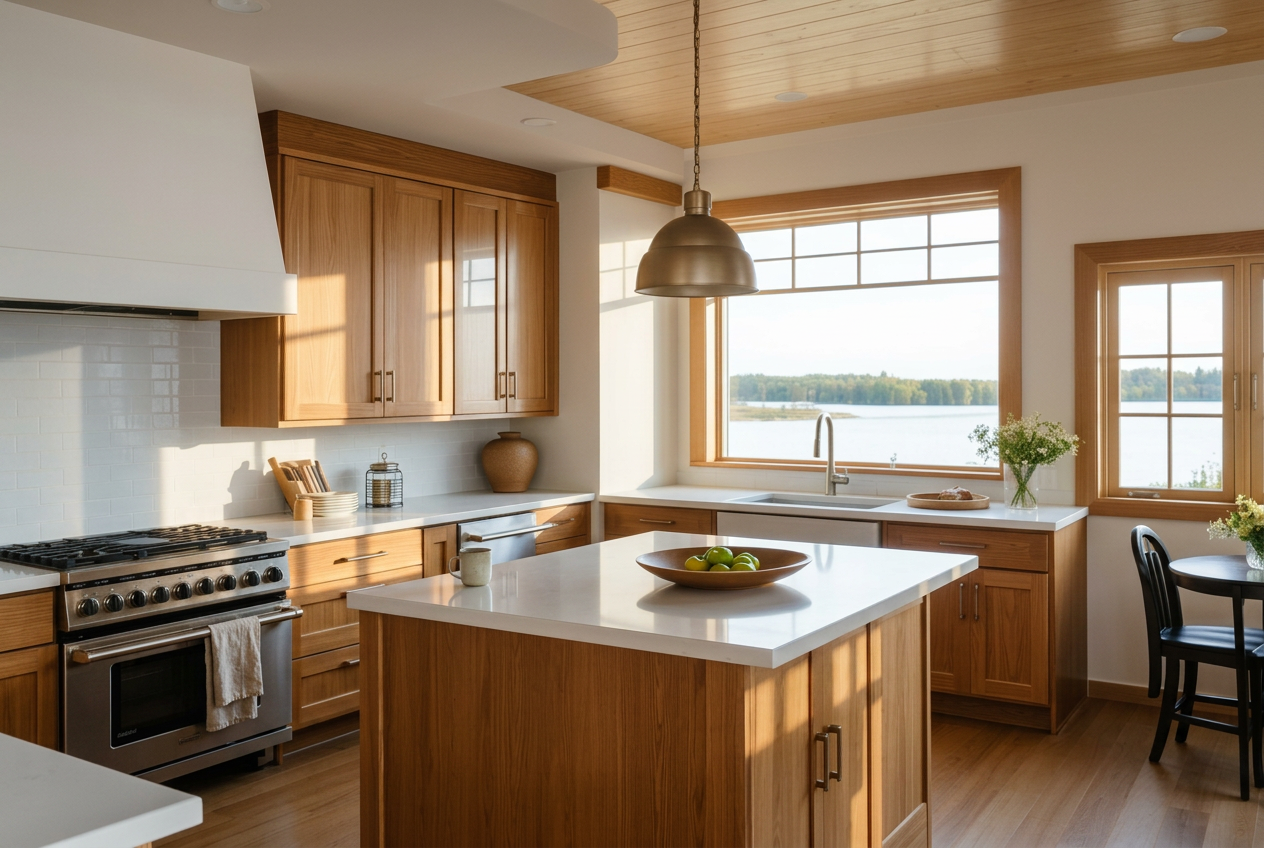Sunlit custom kitchen renovation with oak cabinetry and lake view
